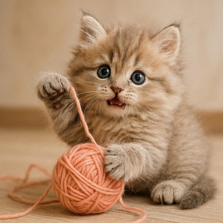 Cute kitten plays with a ball of yarn. The kitten plays with a ball of yarn.