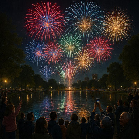 Unidentified people watch the fireworks in Krakow. Krakow is the ninth largest city in Poland.