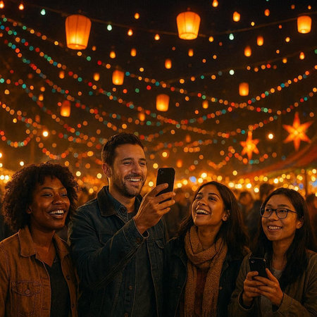 Group of friends taking a selfie with mobile phone in the street at nightの写真素材