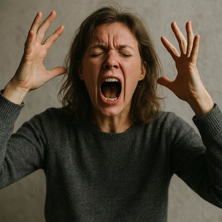 Angry woman screaming and gesturing. Emotional portrait of a woman