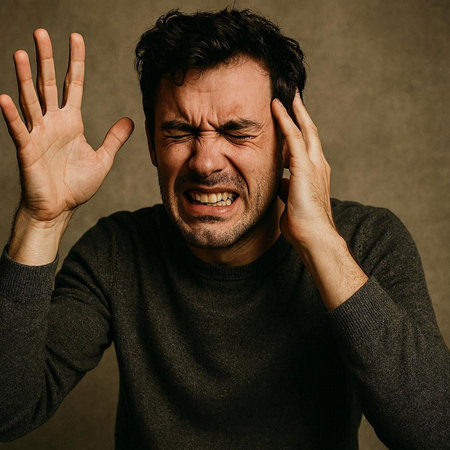 Closeup portrait of stressed man with hands on head. Negative human emotion facial expression...