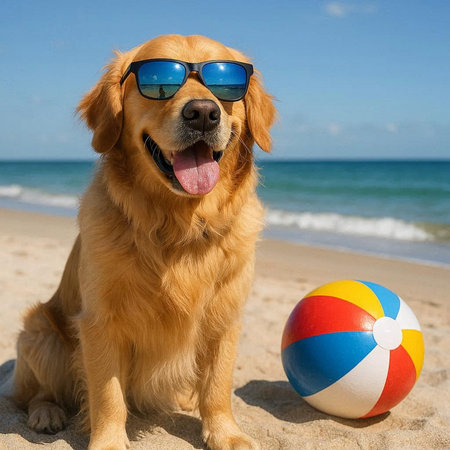 Golden Retriever dog in sunglasses with a ball on the beach