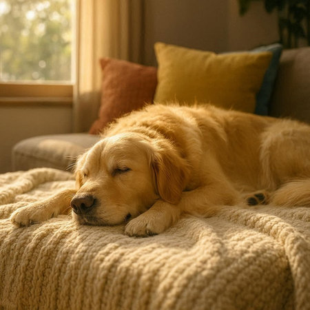 Cute Golden Retriever Puppy Lying on Sofa at Home