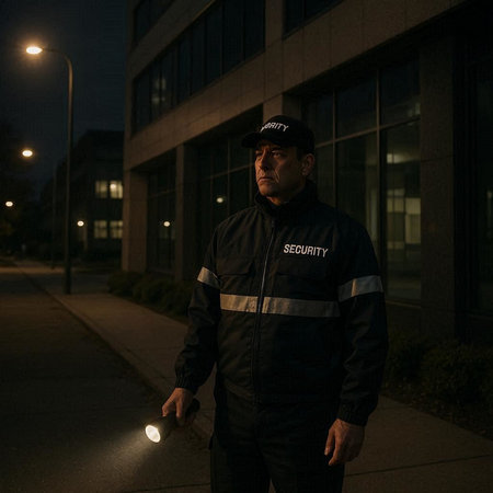 Male security guard in black uniform and cap with flashlight on street at night