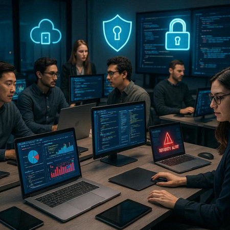 Programmers working on computers in a software develop company office. Cyber security concept.