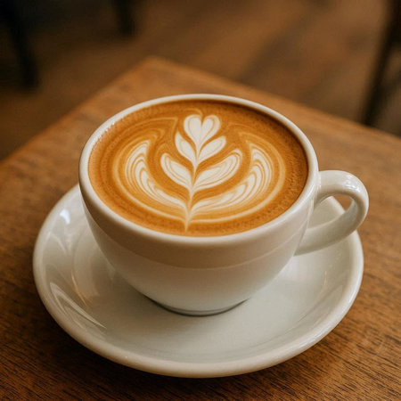 Latte art coffee in a white cup on wooden table background.