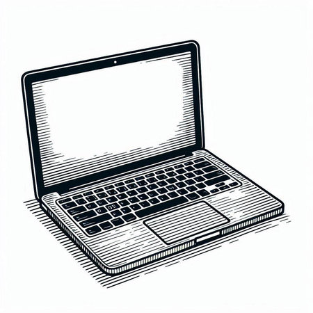 Laptop computer with blank screen on white background. Vector illustration.