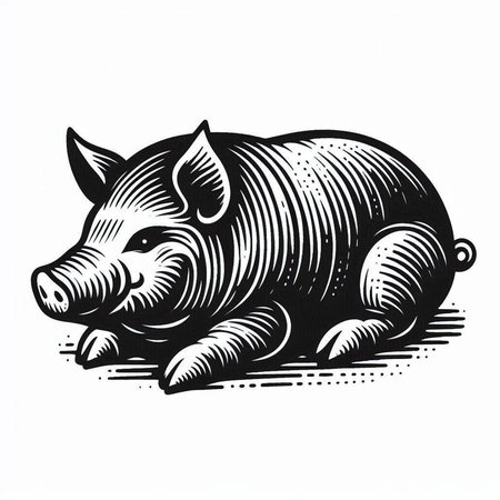 Vietnamese pig. Ink black and white engraving illustrationの写真素材