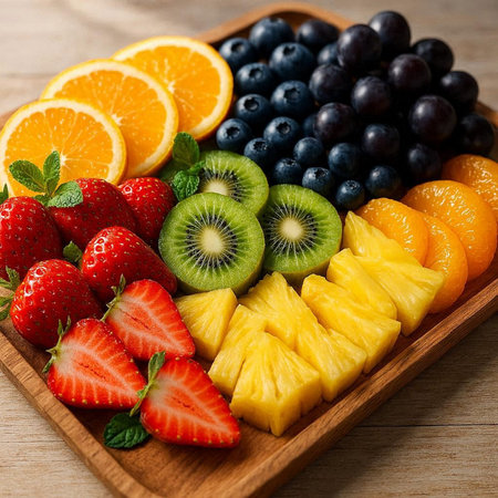 Fresh fruits and berries in a wooden plate on a wooden background.の写真素材