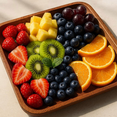 Fruit salad with strawberries, blueberries, oranges and kiwi in wooden bowl