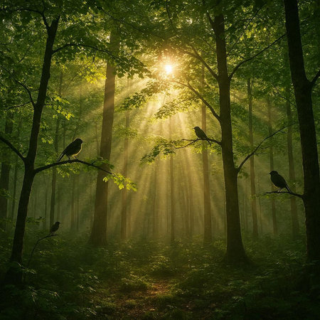Foggy morning in the forest with birds and sunbeams
