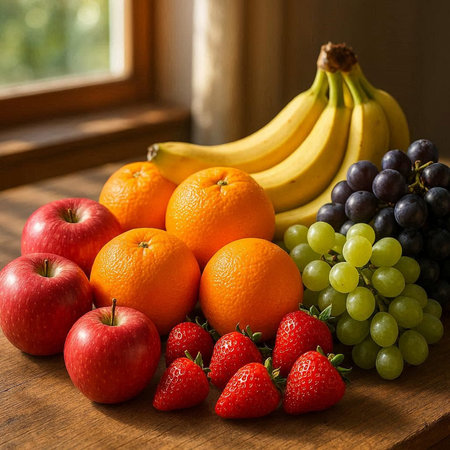 Fresh fruits on a wooden table. Still life. Selective focus.