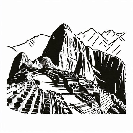 Ruins of the ancient city of Machu Picchu, Peru, vintage line drawing or engraving illustration.