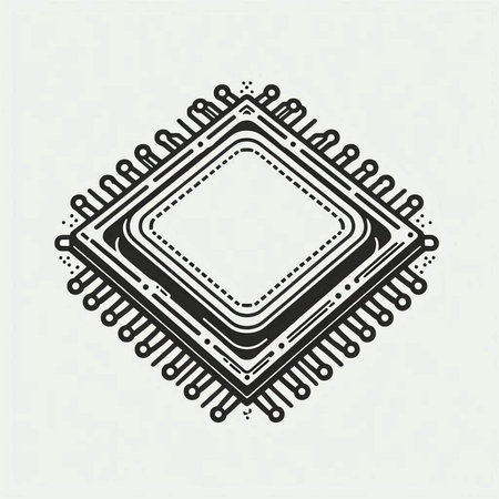CPU chip. Black and white vector illustration isolated on white background.