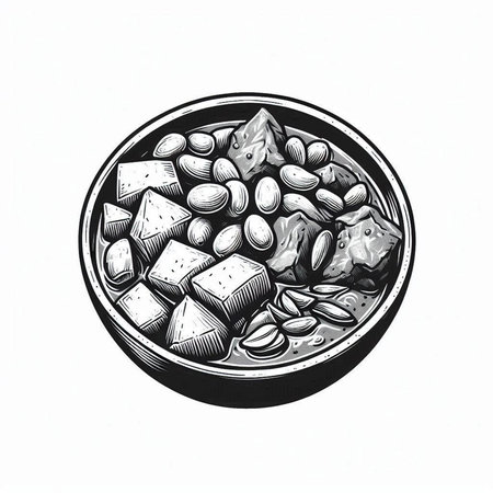 Hand drawn vector illustration of a bowl of peanut butter and pistachios