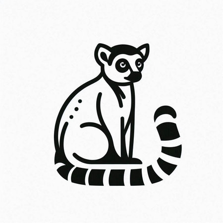 Black and white vector illustration of a lemur sitting on a white background