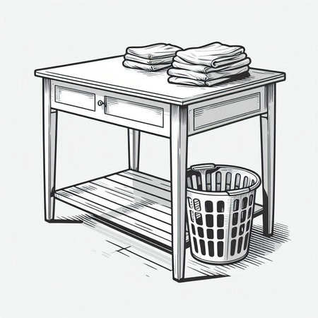 Illustration of a desk with a basket of towels and a trash can