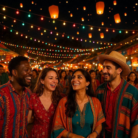 Group of happy Indian people having fun at a festival in India.