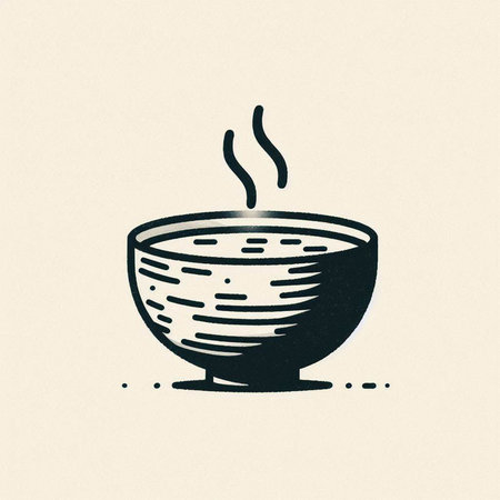 Bowl of hot soup with steam. Hand drawn vector illustration.の写真素材