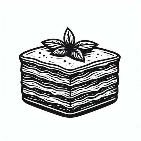 Black and white illustration of a piece of cake with mint leaves.