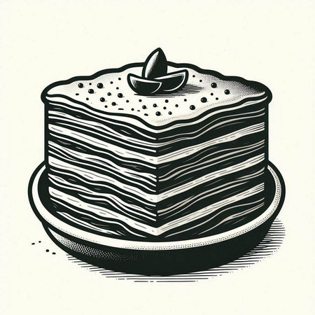 Hand drawn illustration of a stack of pancakes. Engraved style.