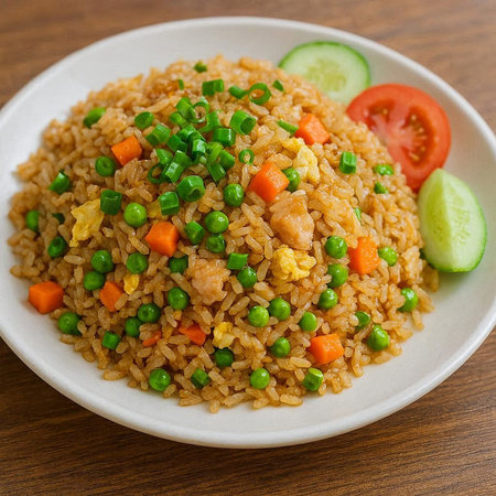 Fried Rice with Vegetables, Tomatoes and Green Peas