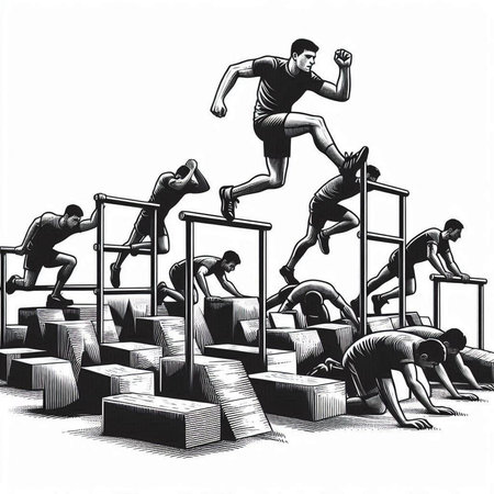 Illustration of a group of athletes jumping over obstacles on white background