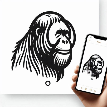 Hand holding a smart phone with a sketch of a monkey on a white background.