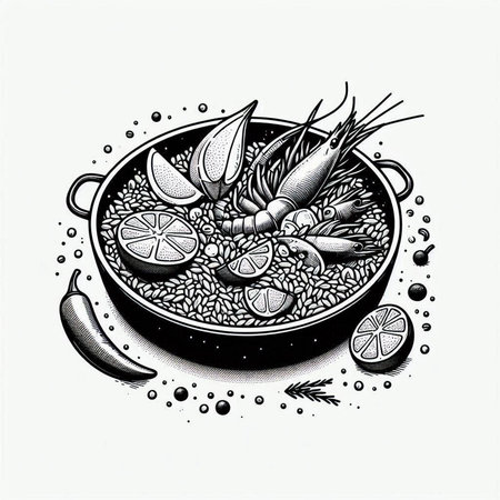 Sketch of seafood in a bowl with rice. Vector illustration.の写真素材