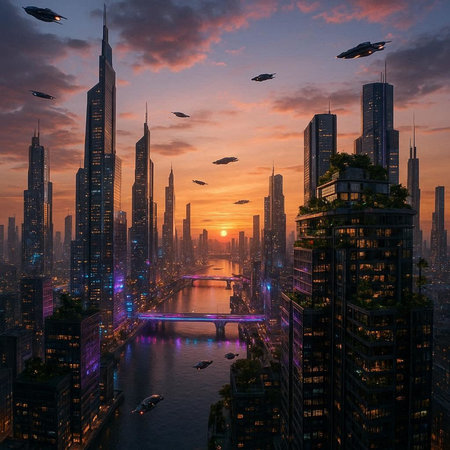 Aerial view of skyscrapers at sunset in Shanghai, China
