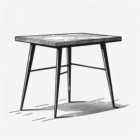 Wooden table and chair. Vector illustration in black and white colors.