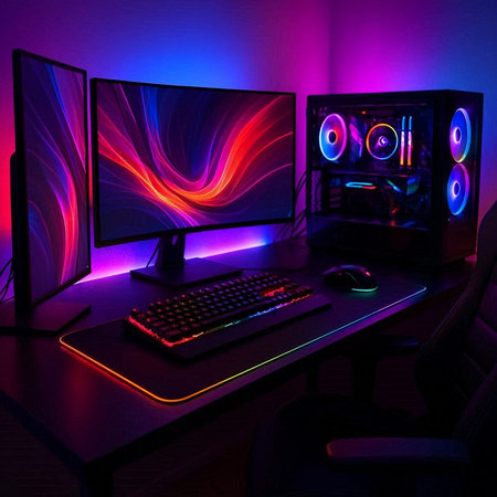 Computer screen and mouse on the table in the room with neon lighting