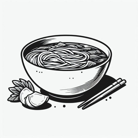 Noodles in bowl with chopsticks. Hand drawn vector illustration.