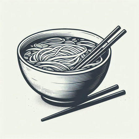 Illustration of Asian noodle soup in bowl with chopsticks.