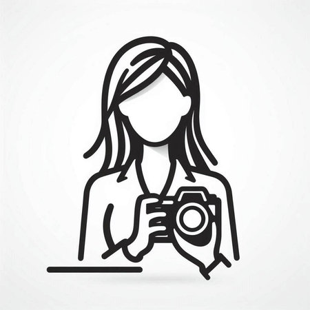 Photographer icon. Woman holding camera in hand. Vector illustration.の写真素材