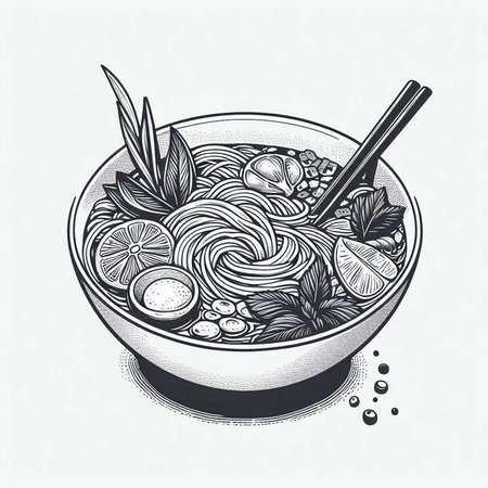 Noodle soup in bowl with chopsticks. Hand drawn vector illustration.
