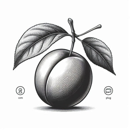 Plum vector illustration. Black and white engraved ink art. Isolated plum illustration on white background.の写真素材