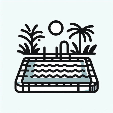 Swimming pool icon. Vector illustration of a swimming pool with palm trees.の写真素材