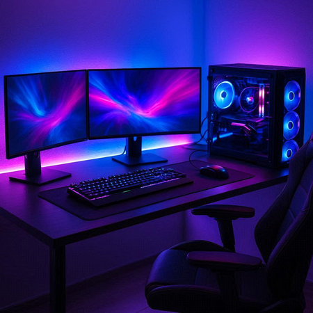 Computer room with RGB and CMYK blue and purple lights.
