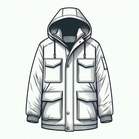 Men's winter jacket with hood. Vector illustration in sketch style.