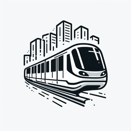 Train in the city. Modern monochrome vector illustration on white background.