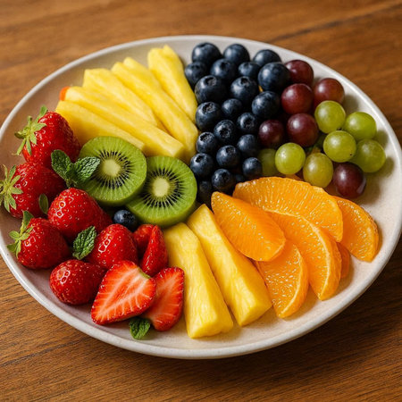 Fruit salad in a plate on a wooden table, top viewの写真素材