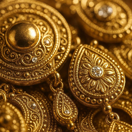 Close up of a group of golden jewelry earrings. Shallow depth of field.