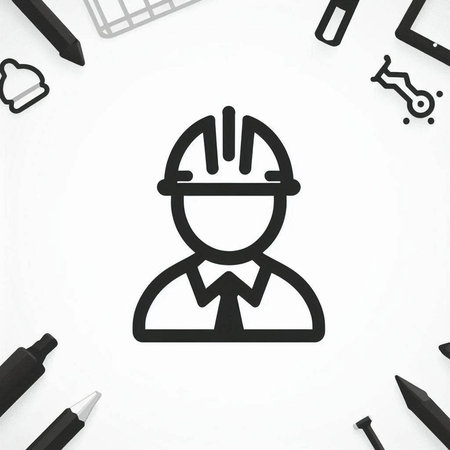 Engineer icon on white background with pen, pencil and helmet.