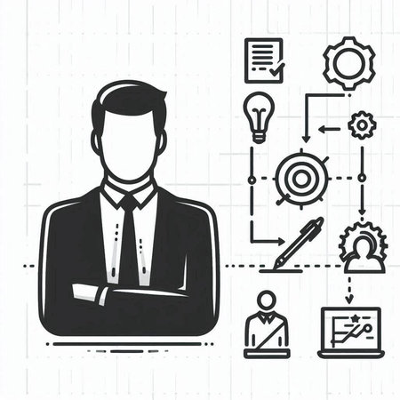 Businessman and business related icons on white background, vector illustration.の写真素材