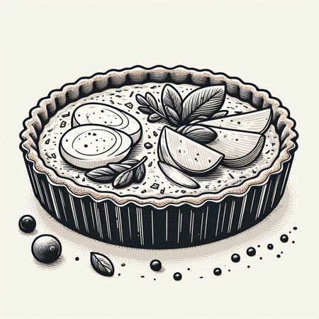 Delicious tart with apple and mint. Vector illustration in vintage style.