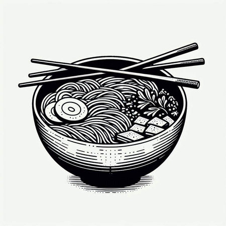 Japanese noodle soup in a bowl with chopsticks. Vector illustration.