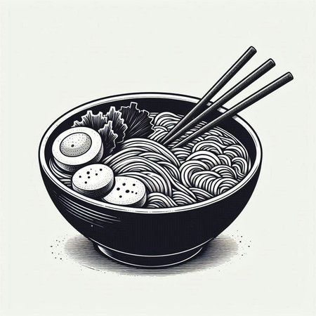 Noodles in bowl with chopsticks. Vector hand drawn illustration.