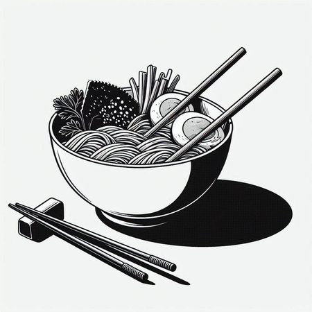 Illustration of a bowl of noodles with chopsticks and chopsticks