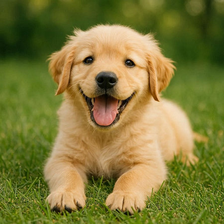 Golden Retriever puppy sitting on the grass in the garden.